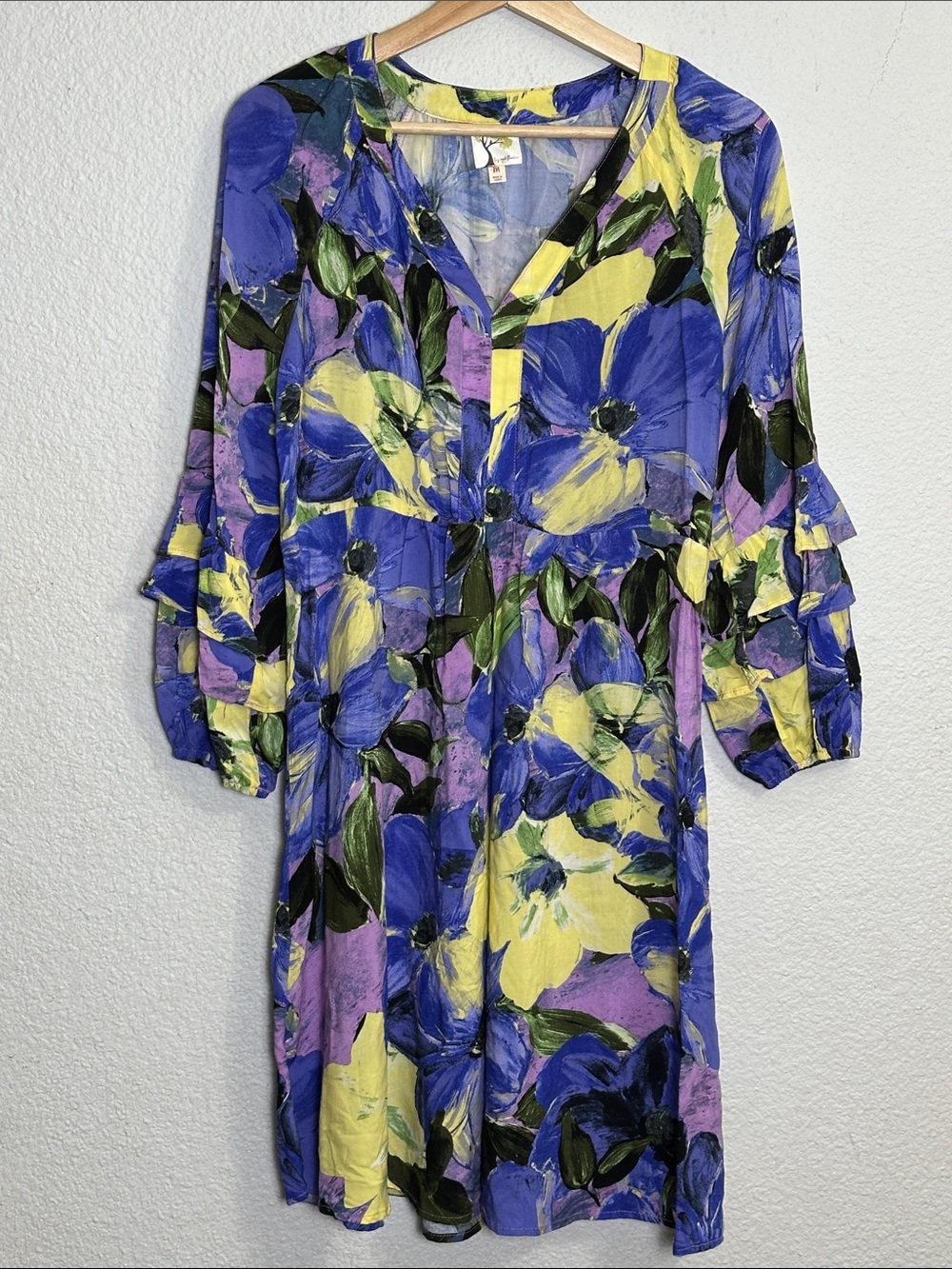 Fig and Flower Anthropologie Floral Dress Blue Yellow Purple Boho Flowy Medium